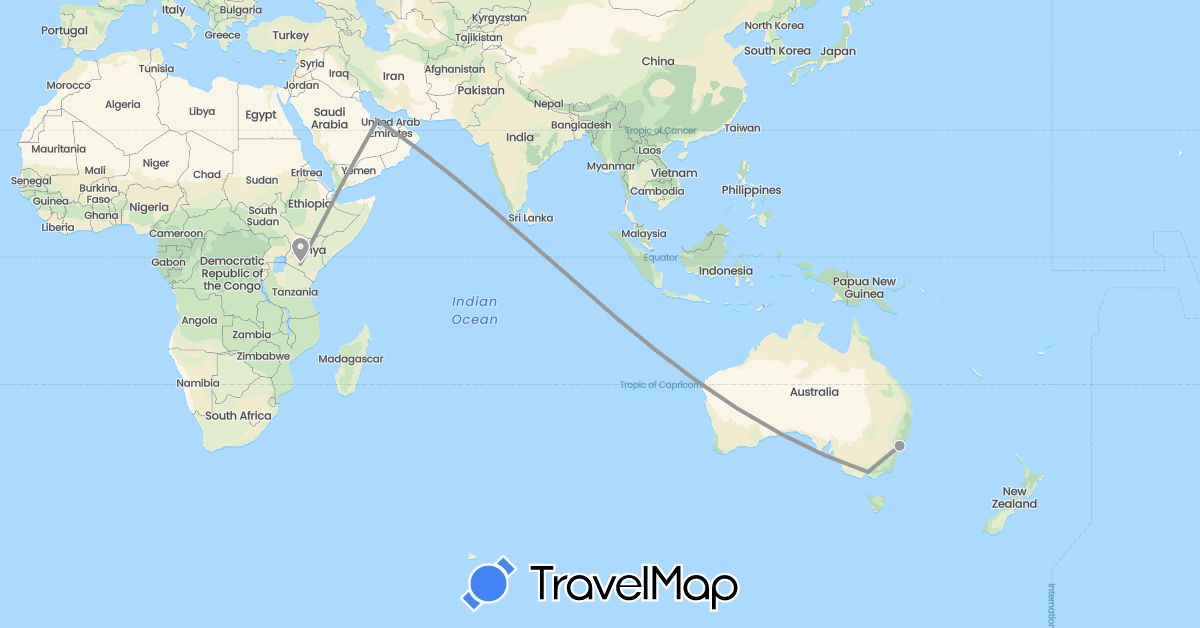 TravelMap itinerary: driving, plane in Australia, Kenya, Qatar (Africa, Asia, Oceania)